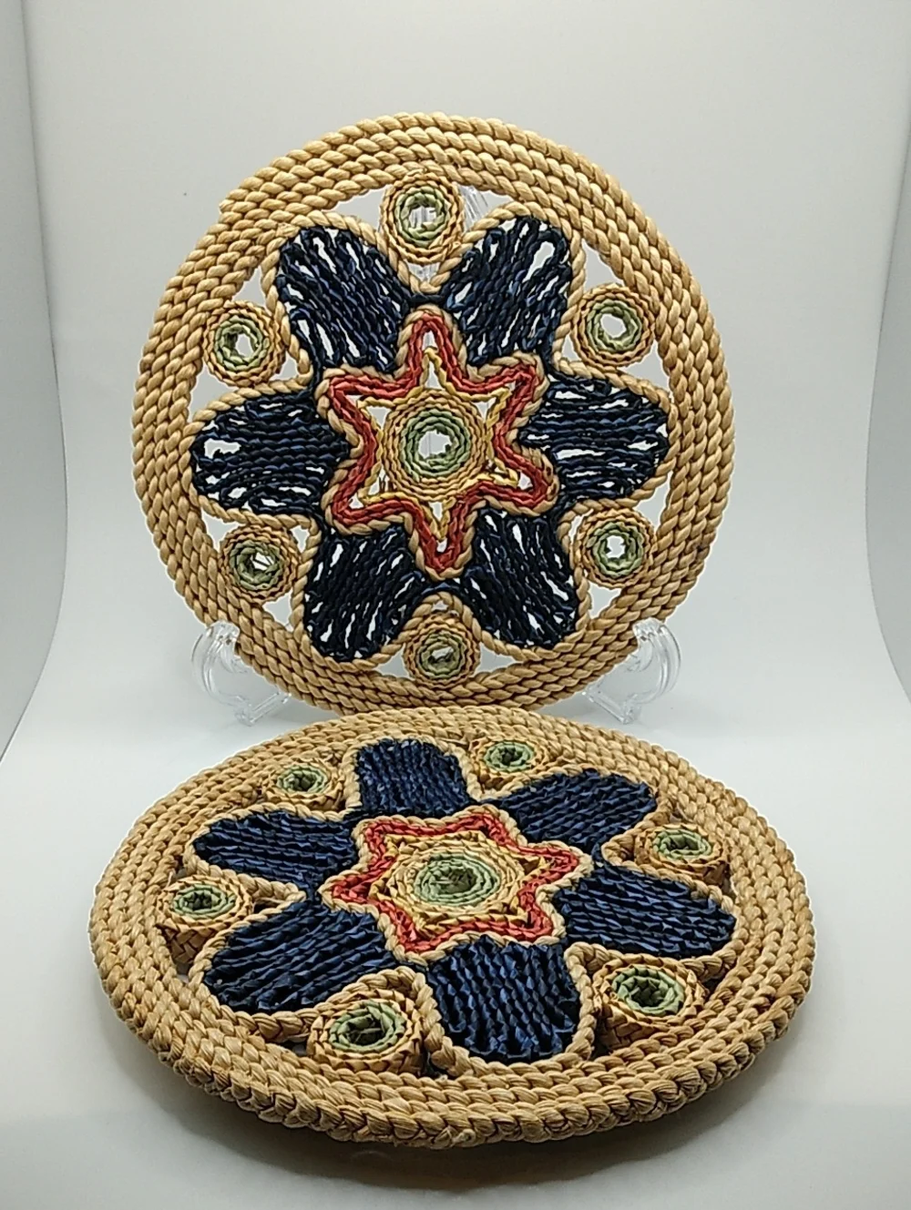 Pair Of Vintage Boho Raffia/Rattan Trivets/Wall Decor.   READ.